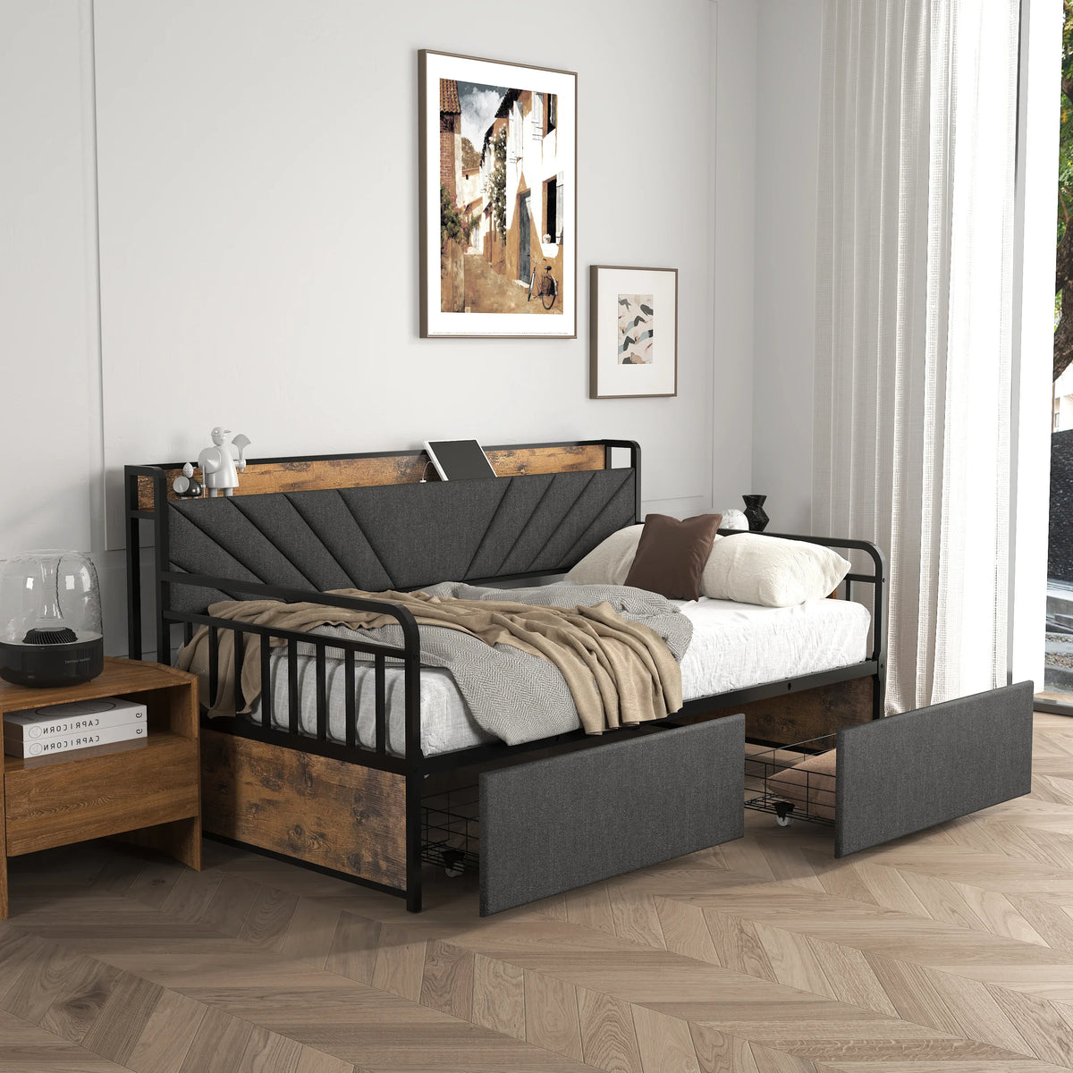 Twin Metal Bed Frame With Upholstered Headboard Charging - Omega Lifestyles