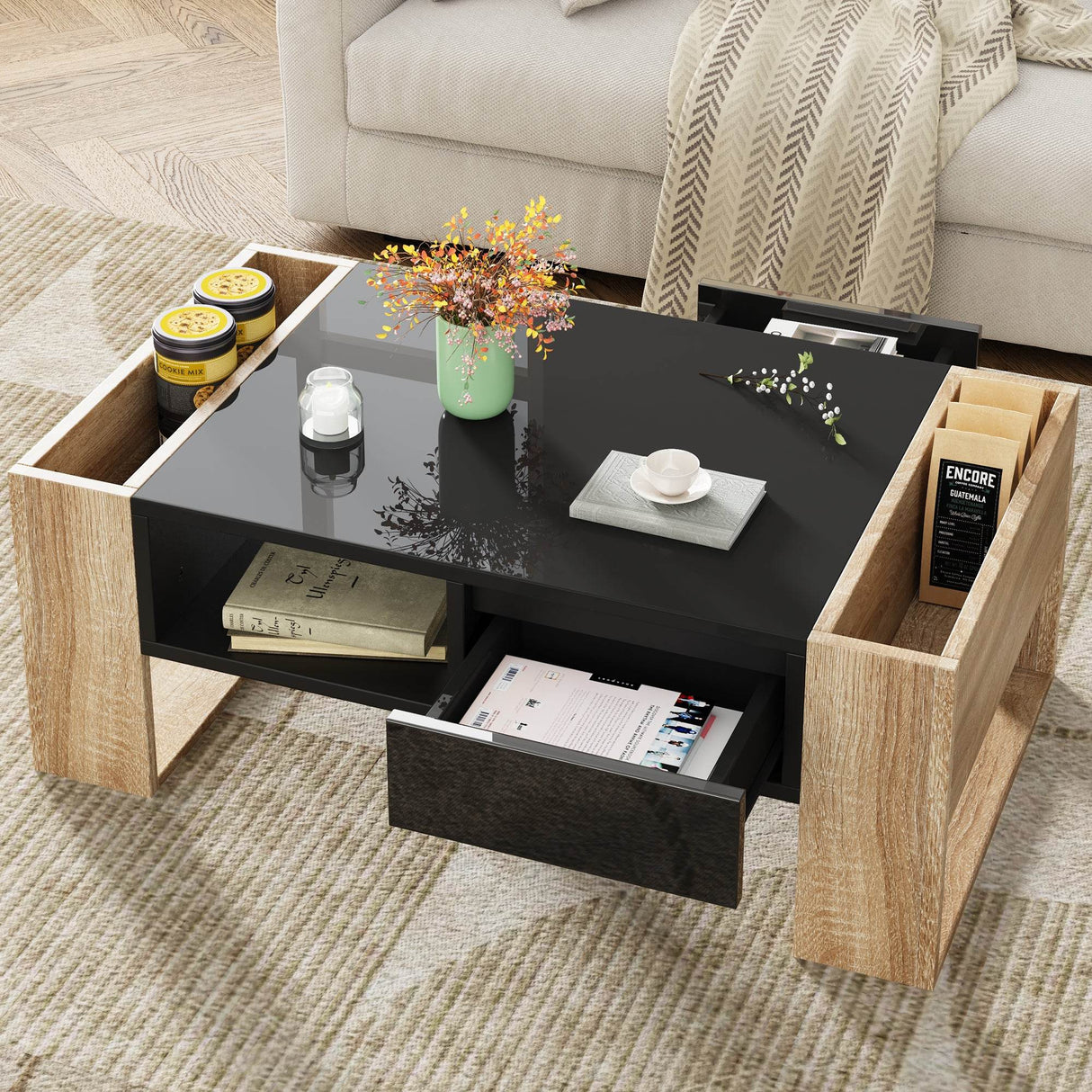 High Glossy Two Drawer Wood Grain Coffee Table - Sleep Galleria