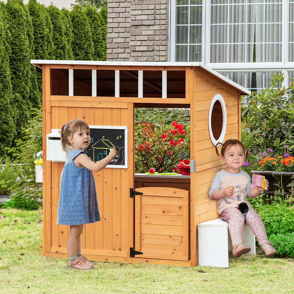 Kids Outdoor Wooden Playhouse With Door Windows Mailbox Bench - Omega Lifestyles