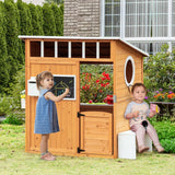 Kids Outdoor Wooden Playhouse With Door Windows Mailbox Bench - Omega Lifestyles