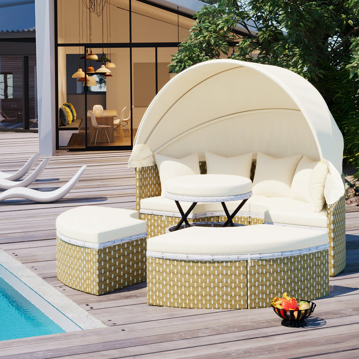 All-Weather PE Rattan Outdoor Round Sectional Sofa Daybed
