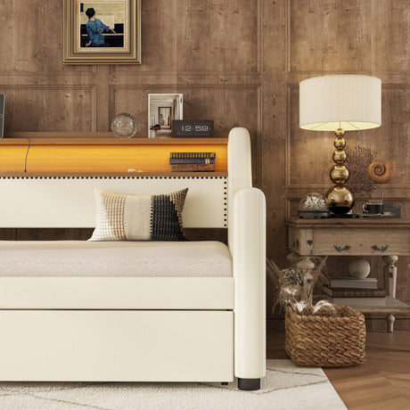 Twin Leather Upholstered Daybed With Trundle Charging Station - Omega Lifestyles