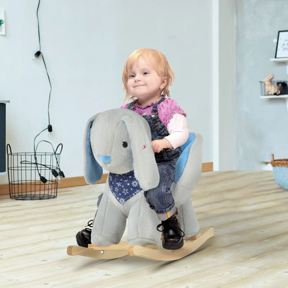 Plush Grey Bunny Ride-On Rocking Horse Toy - Omega Lifestyles