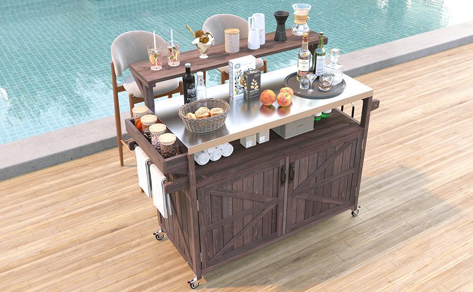 Outdoor Kitchen Island Solid Fir Wood Raised Shelf Cart - Omega Lifestyles