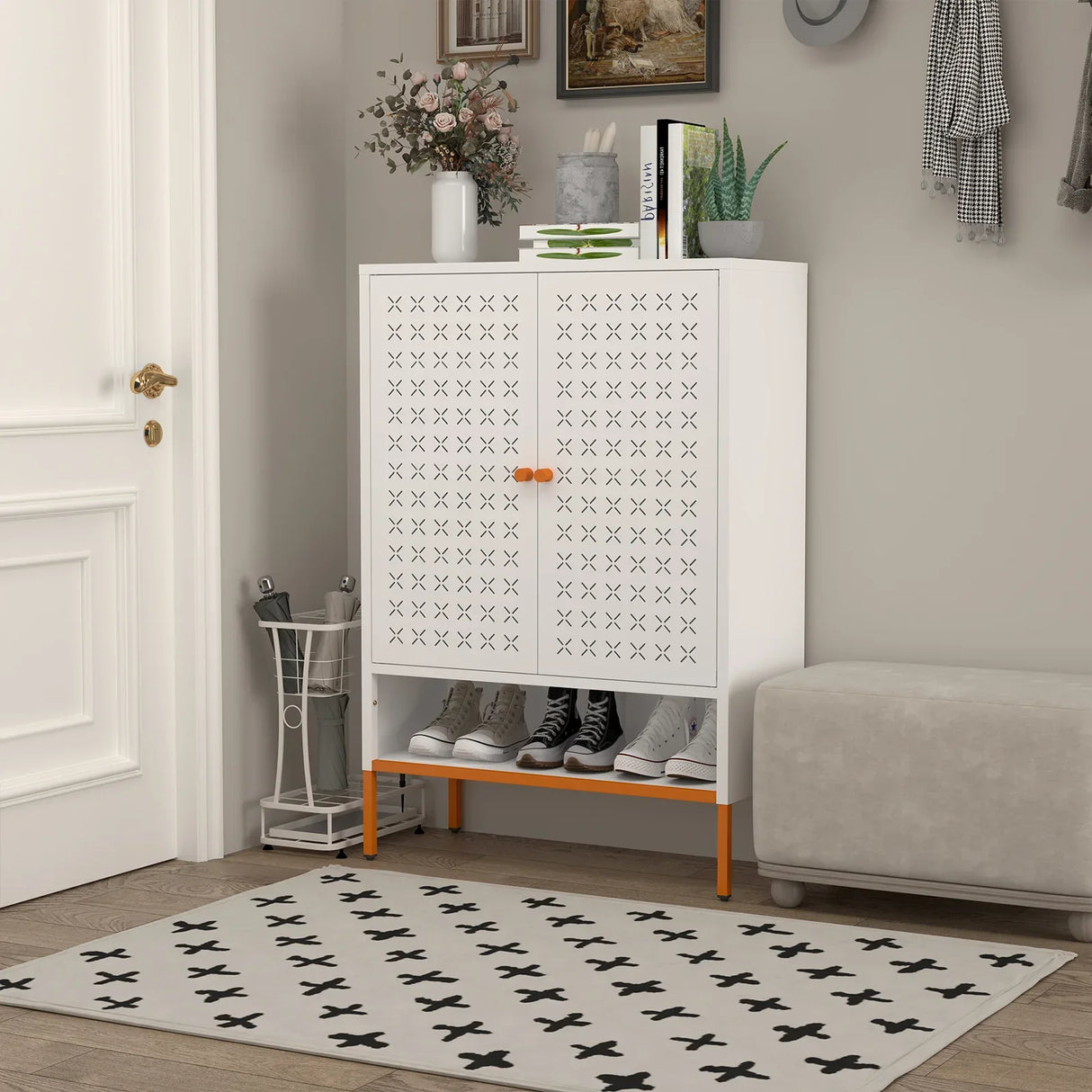 Modern White Metal Adjustable Shelf Shoe Cabinet - Omega Lifestyles