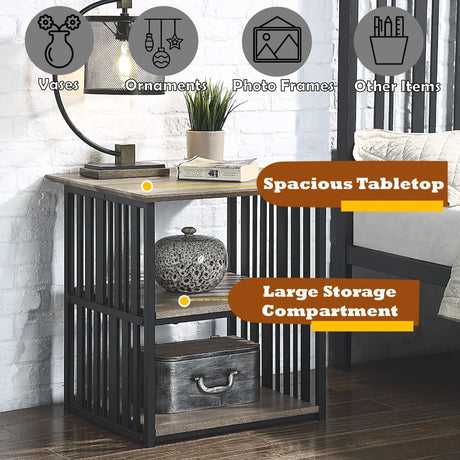 Industrial Black Oak Metal Nightstand With Open Storage - Omega Lifestyles
