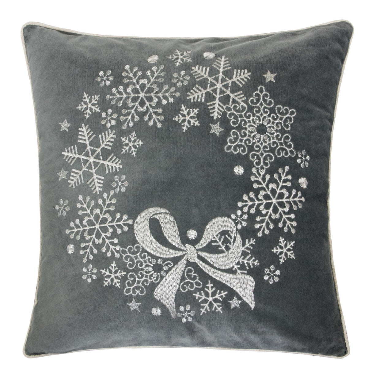 Gray Velvet Holiday Embroidered Snowflake Throw Pillow 20x20