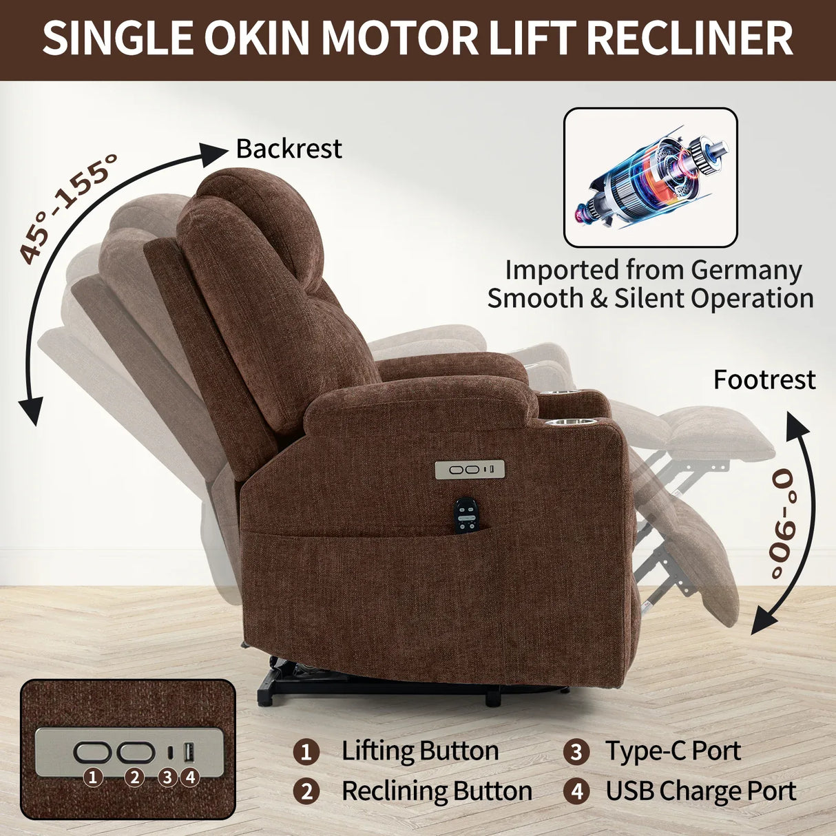 Chenille Power Lift Recliner Chair With Massage Lumbar Heat - Omega Lifestyles