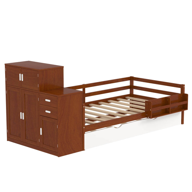 Twin Wood Platform Bed With Bookshelf Movable Wardrobe And Trundle - Omega Lifestyles