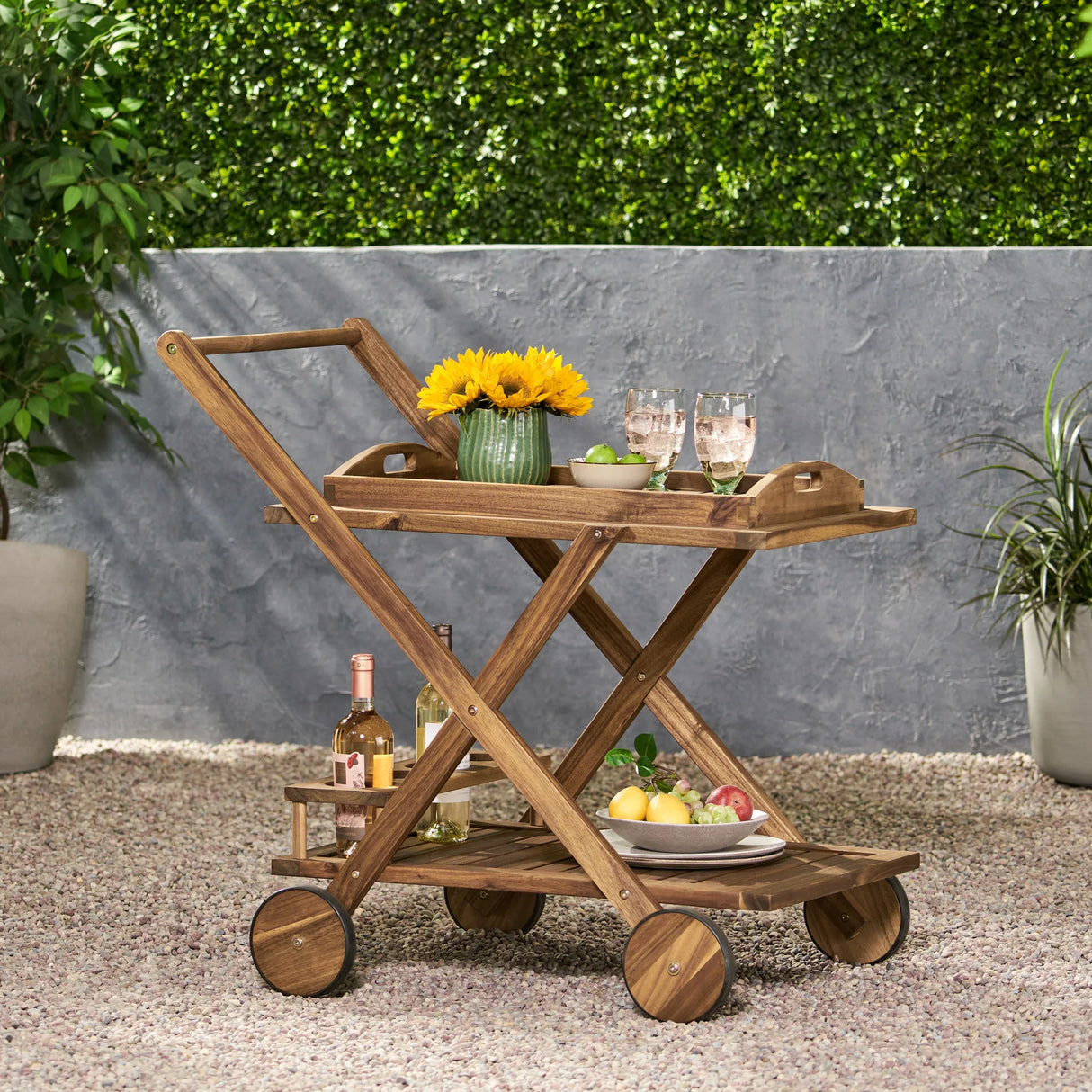 Natural Stained Acacia Wood Mobile Bar Cart With Wheels - Omega Lifestyles