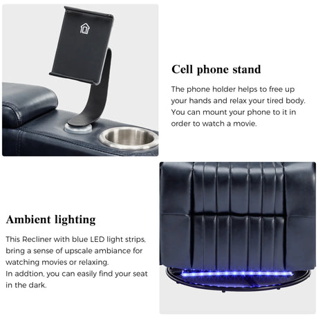 Power Swivel Blue PU Leather Recliner Chair With Tray Table - Omega Lifestyles