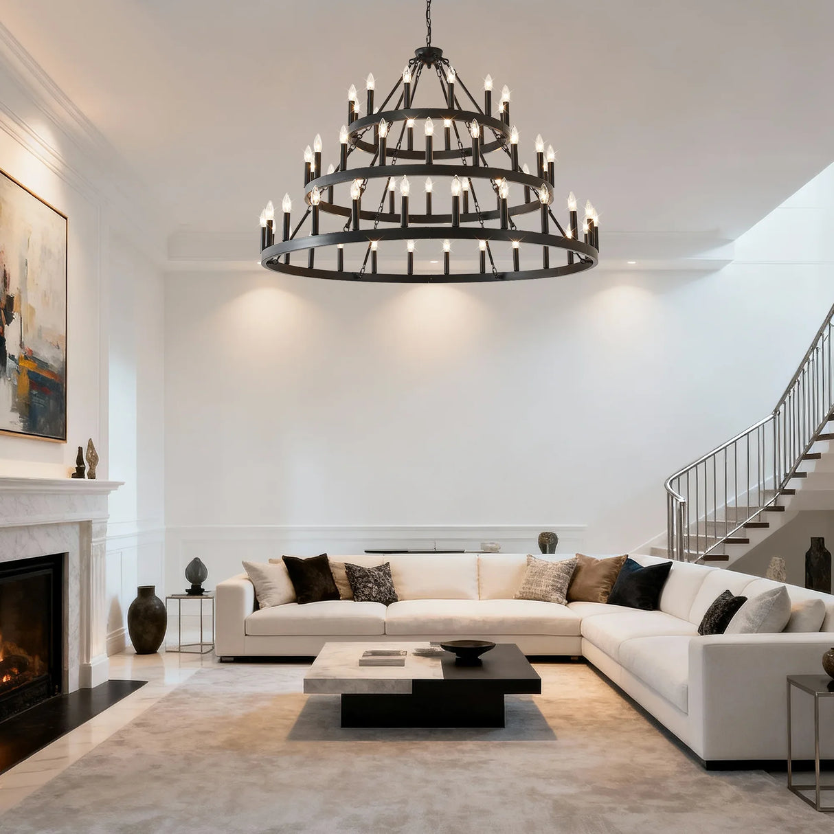 Farmhouse 54-Light Matte Black Wagon Wheel Chandelier - Omega Lifestyles