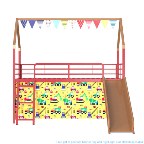 Twin Metal Junior House Loft Bed With Slide And Curtain - Omega Lifestyles