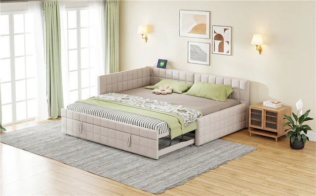 Full Upholstered L-Shaped Daybed With Twin Trundle and USB Ports - Omega Lifestyles