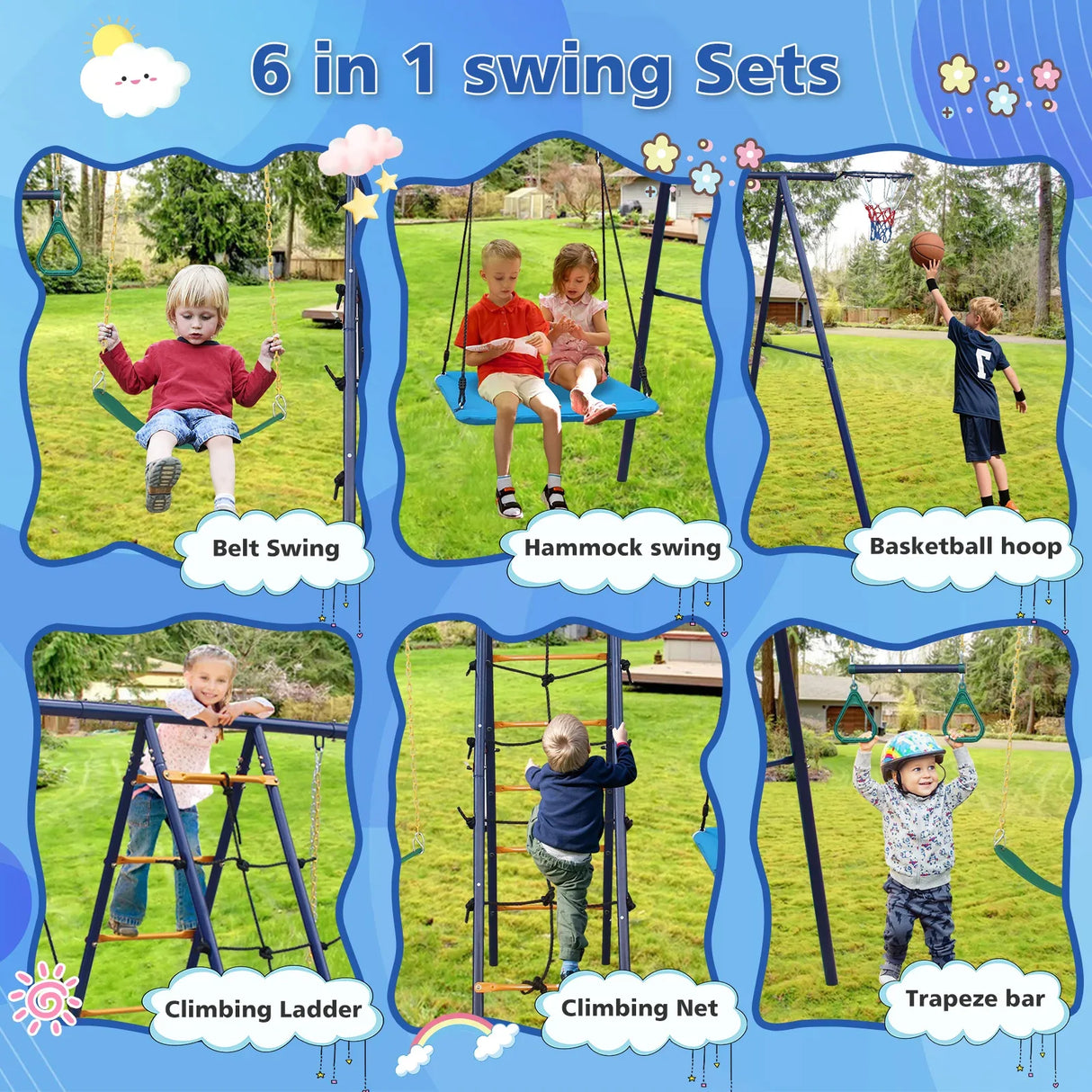 6-in-1 Backyard Steel Frame Swing Set With Ladder - Omega Lifestyles