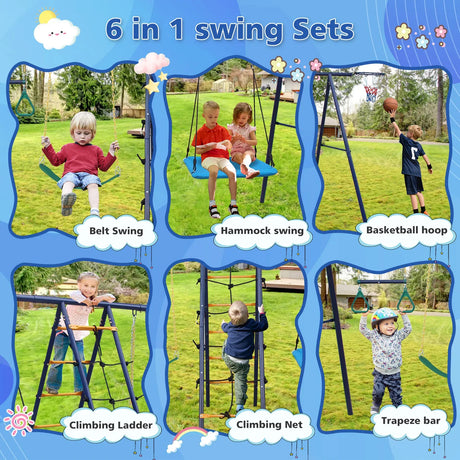 6-in-1 Backyard Steel Frame Swing Set With Ladder - Omega Lifestyles