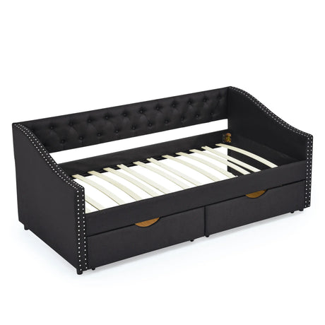 Twin Upholstered Tufted Linen Daybed With Drawers - Omega Lifestyles