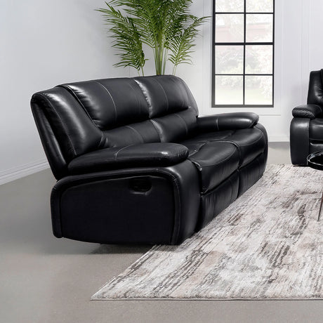 Black Upholstered Manual Reclining Loveseat With Pillow Arms - Omega Lifestyles