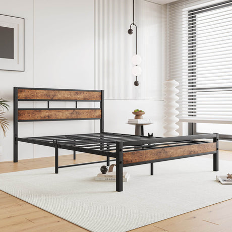 Full Full-Size Industrial Metal And Wood Platform Bed Frame - Omega Lifestyles