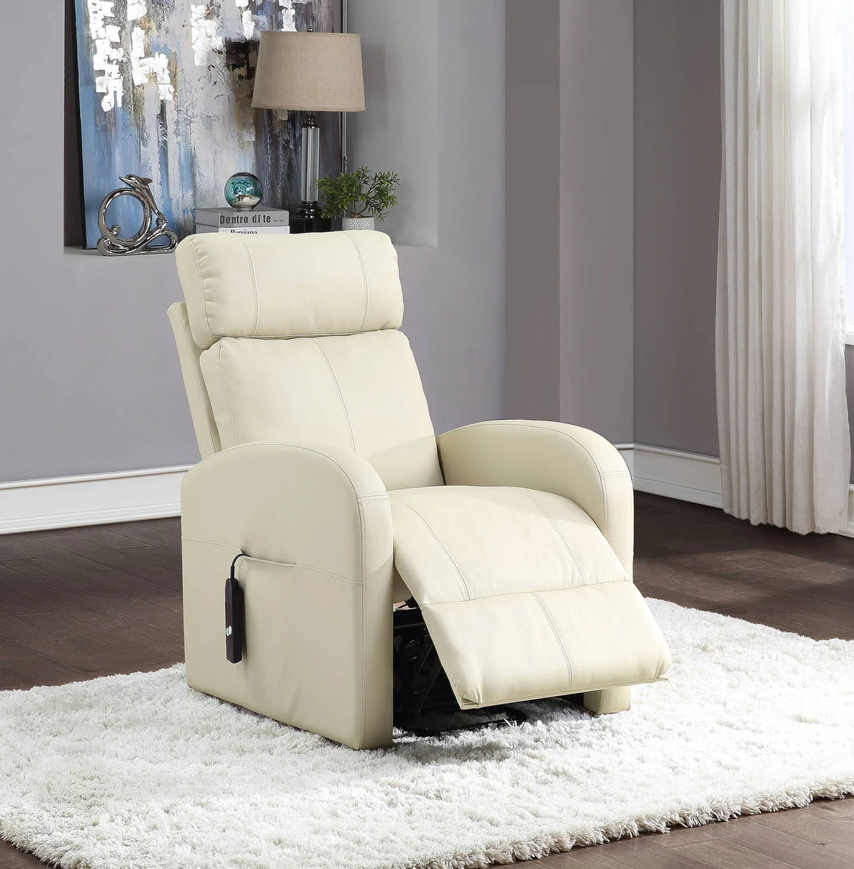 Beige Faux Leather Power Lift Recliner With Pocket Coil Seat - Omega Lifestyles