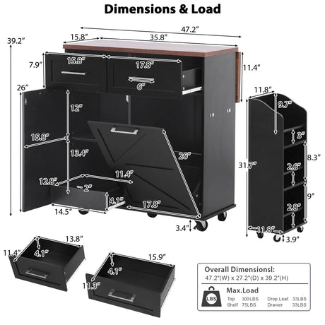 Farmhouse MDF Kitchen Island With Drop Leaf And Storage - Omega Lifestyles