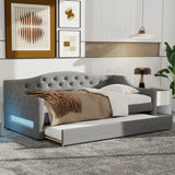 Twin XL Linen Upholstered Daybed With LED Lighting And Trundle - Omega Lifestyles