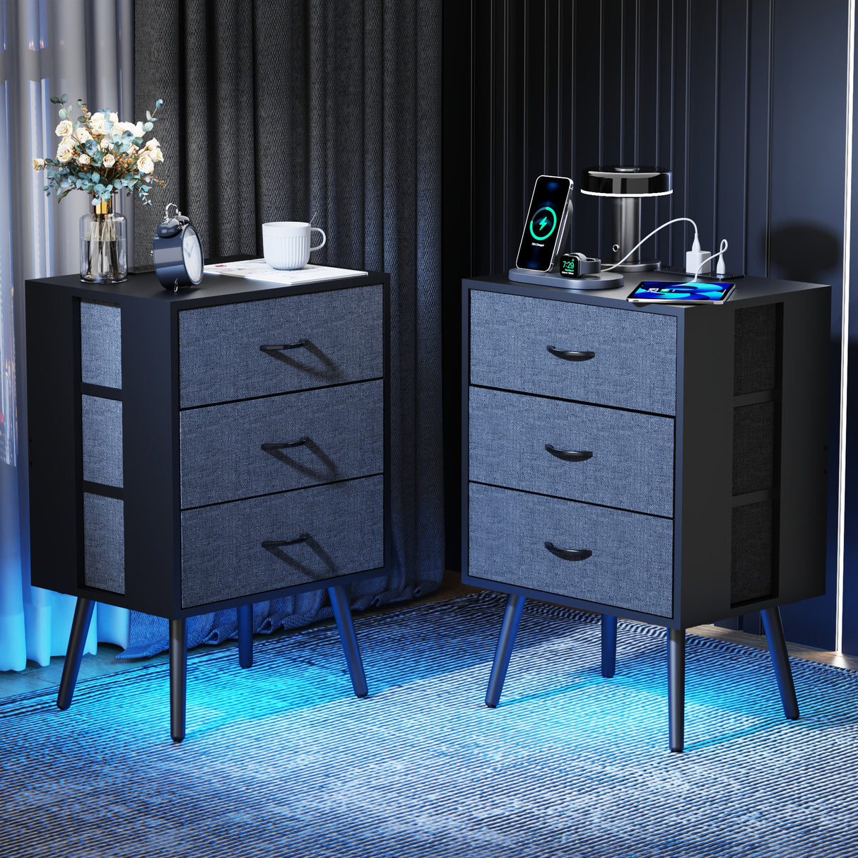 2-Piece Modern Nightstand With Charging Station And LED Light