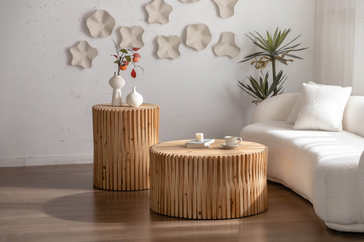 Set of 2 Natural MDF Fir Round Coffee Tables - Omega Lifestyles