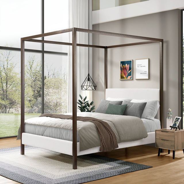 Queen Industrial Boucle Upholstered Metal Canopy Bed Frame