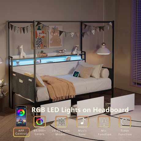 Twin Daybed Frame With 3 Storage Drawers LED Charging Station - Omega Lifestyles