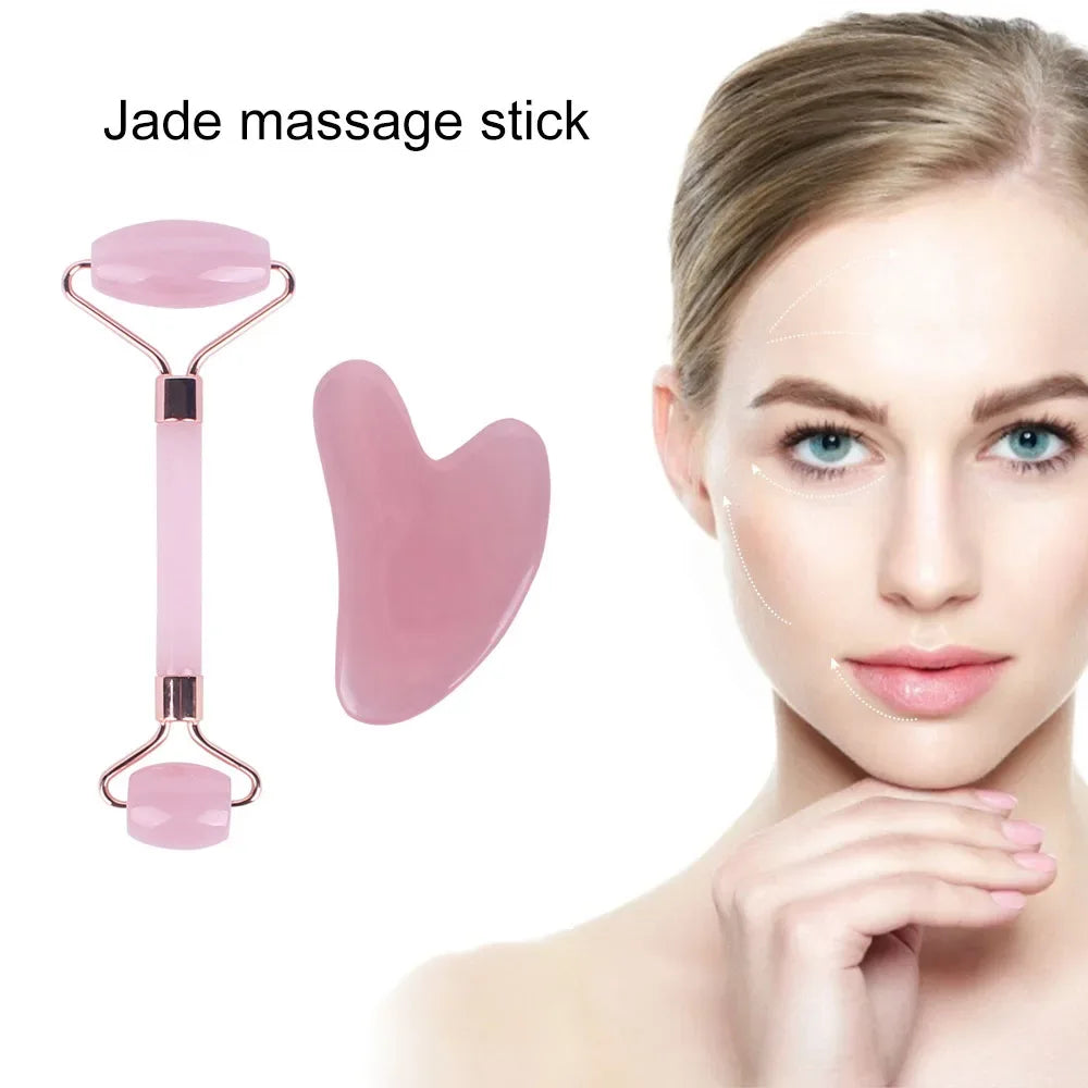 Pink Resin Jade Roller And Gua Sha Facial Massage Set - Omega Lifestyles