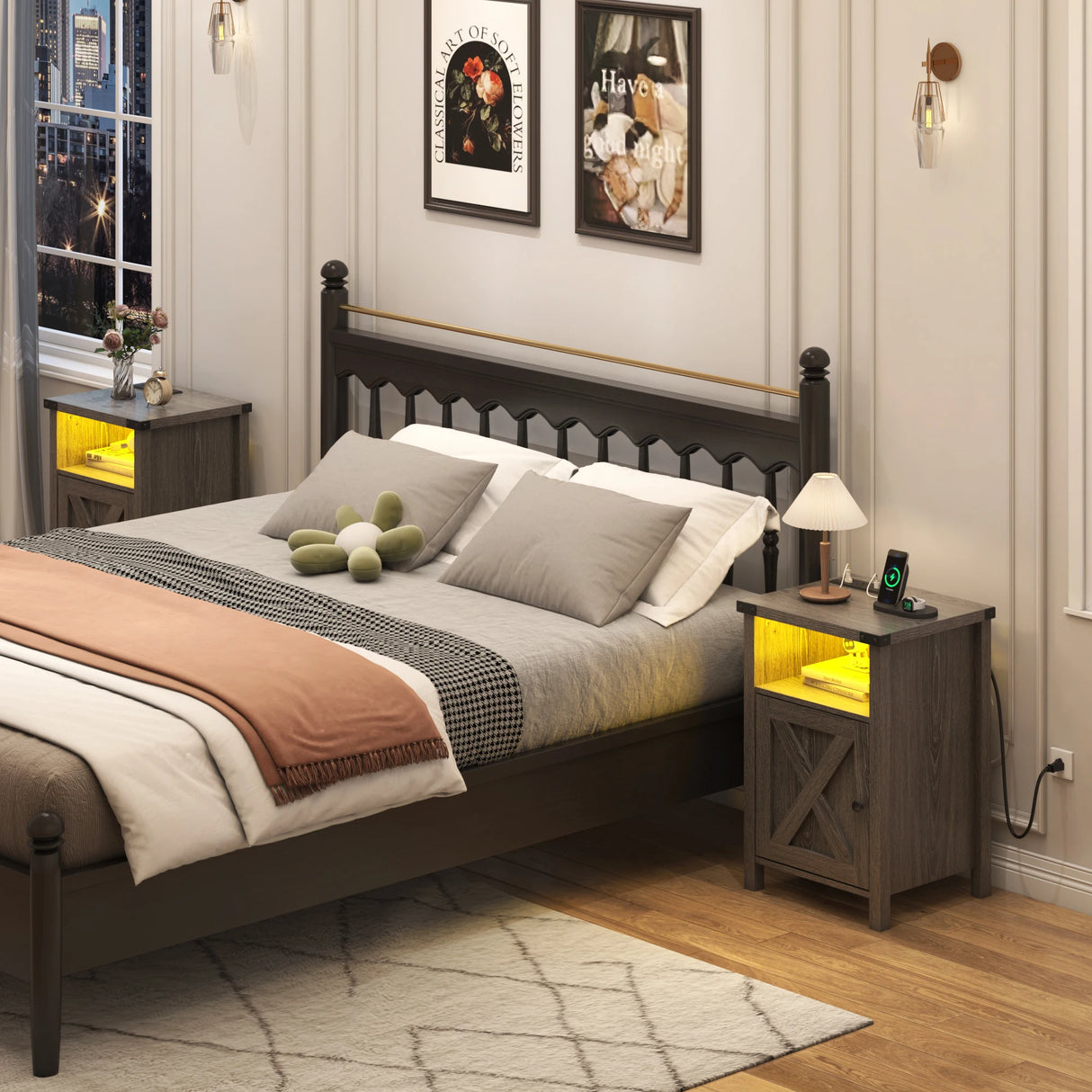 Farmhouse LED Nightstand Set of 2 With Charging Station