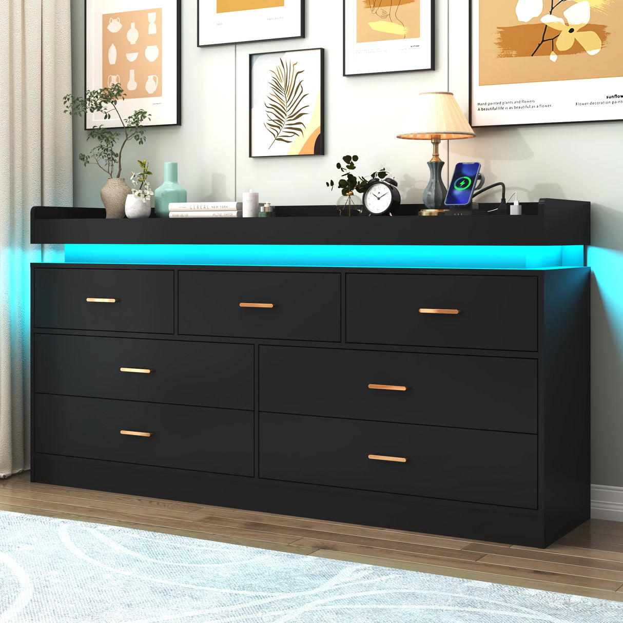 Modern 7-Drawer Wooden Dresser With LED Light