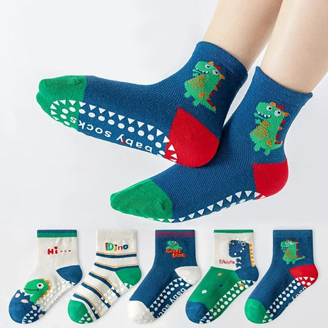 5-Pair Cartoon Dinosaur Kids Non-Slip Floor Socks - Omega Lifestyles