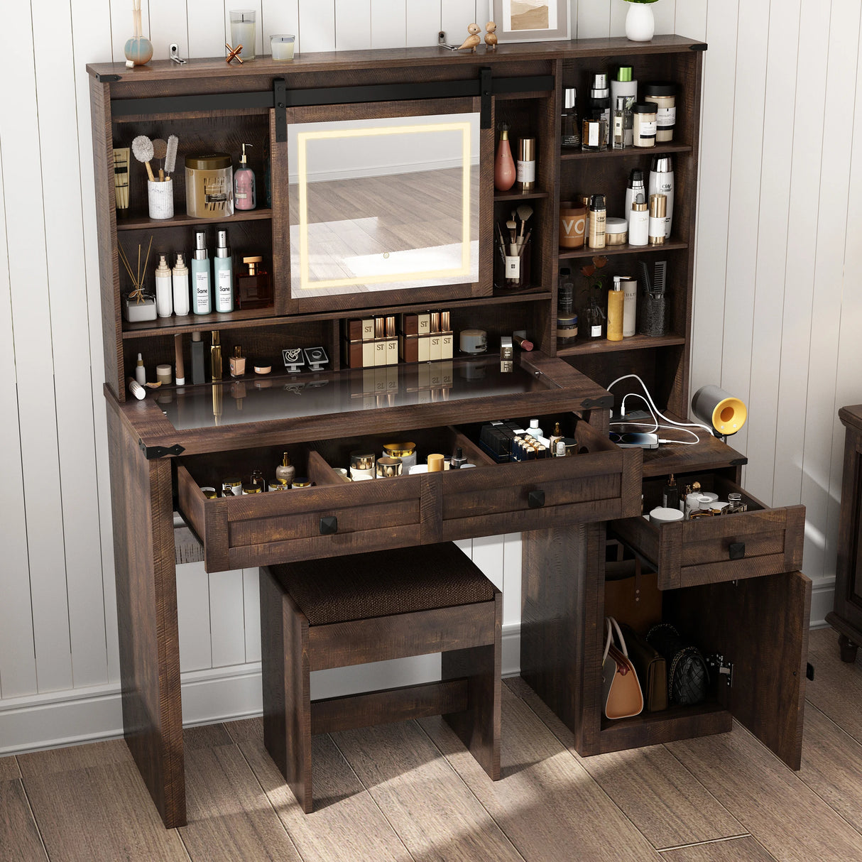 Farmhouse Makeup Vanity Desk With Mirror Lights Stool