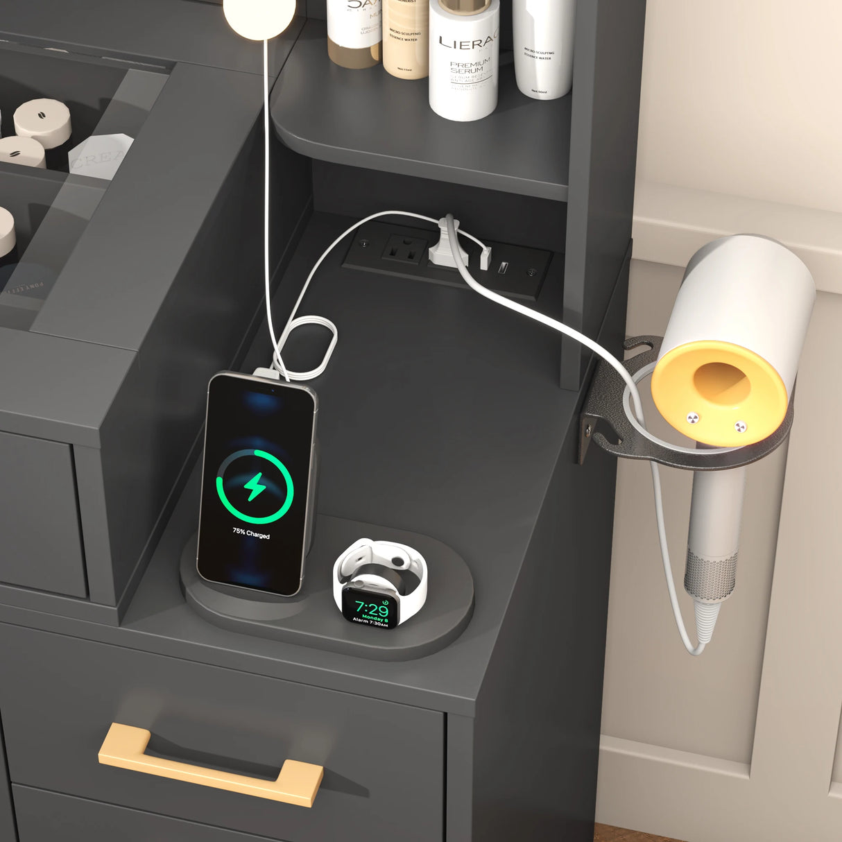 Modern Glass Top Vanity Desk With Mirror LED Lights