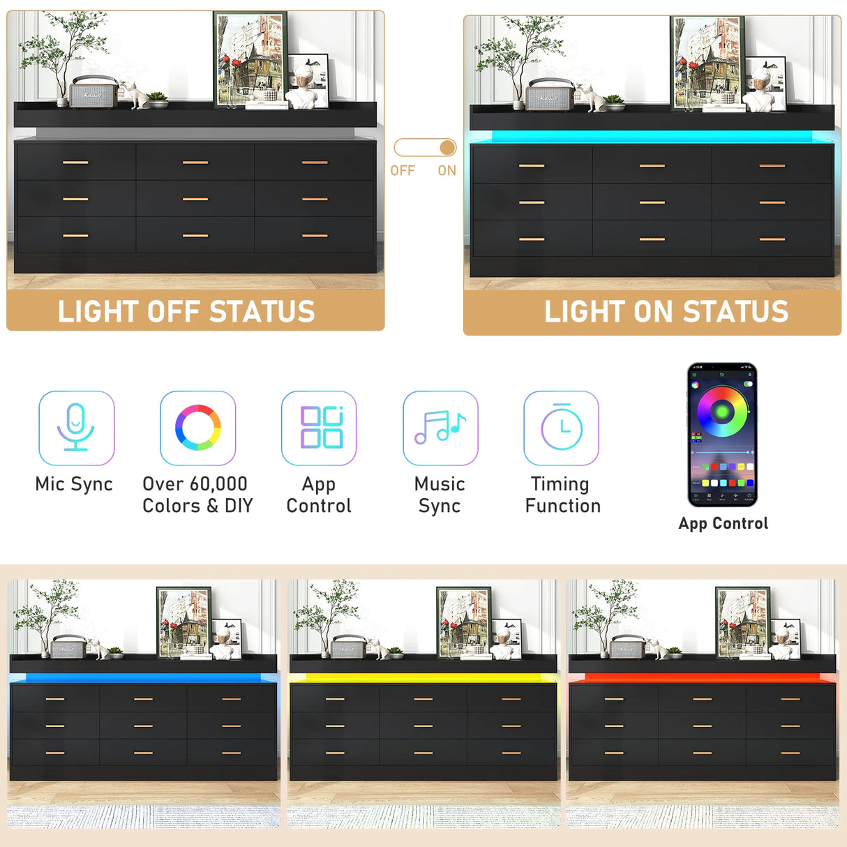 Modern 9-Drawer Wooden Dresser With LED Light