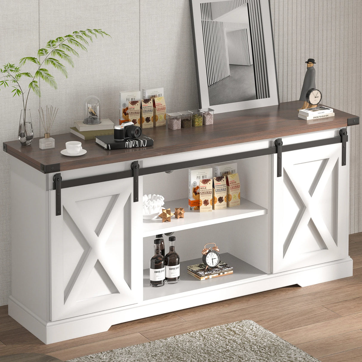 Farmhouse Wooden TV Stand With Sliding Barn Doors