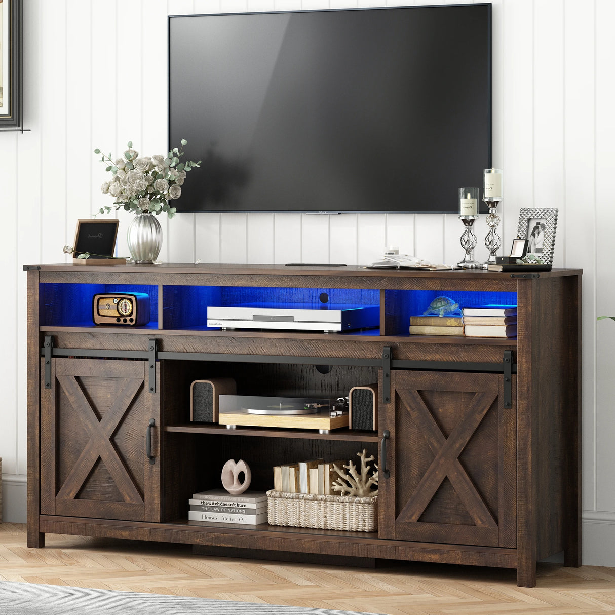 Farmhouse LED Wood Sliding Barn Door TV Stand