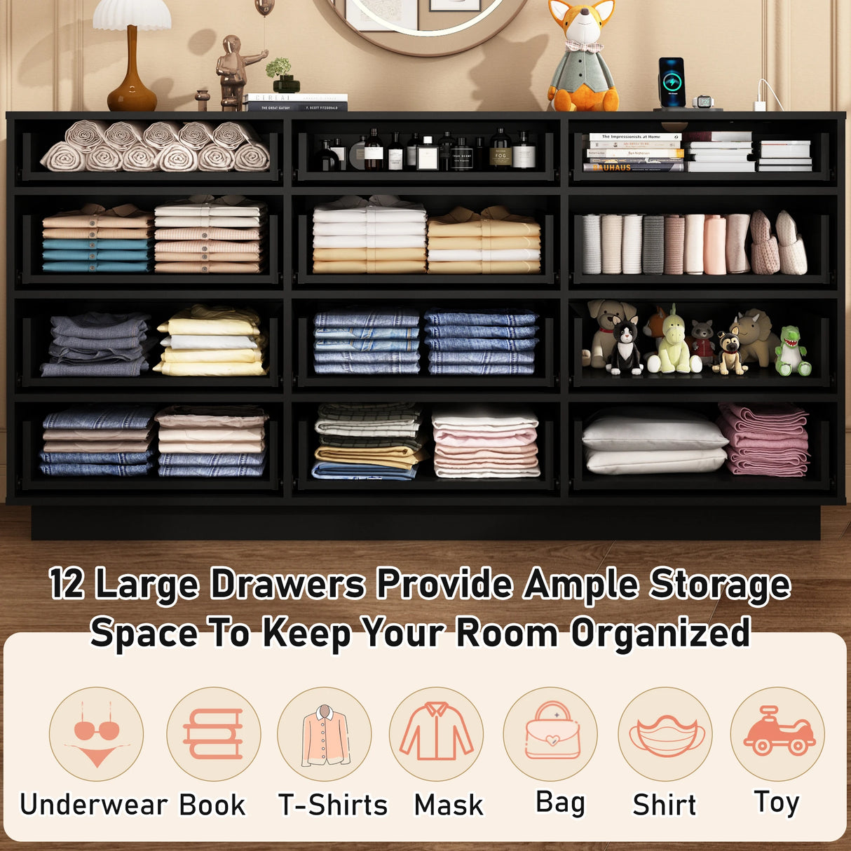 Modern 12 Drawer Dresser With Built-In Charging Station