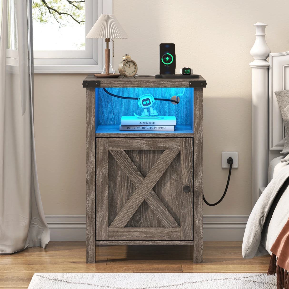 Farmhouse LED Nightstand Set of 2 With Charging Station