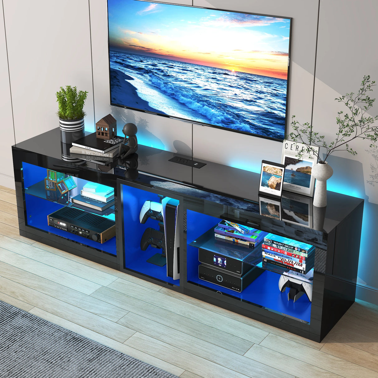 Modern 63-Inch High Gloss LED TV Stand With Storage