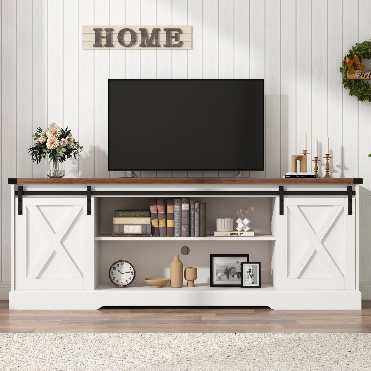 Farmhouse Wooden Sliding Barn Door Coffee Bar Cabinet