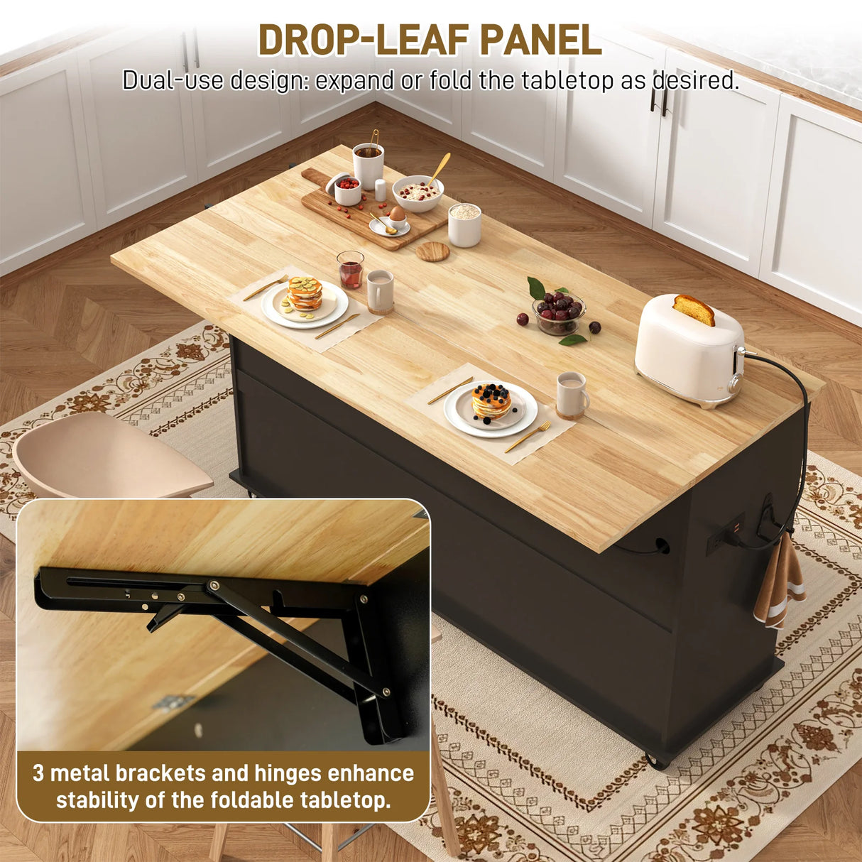 Rolling Wood Kitchen Island Cart With Drop Leaf Countertop