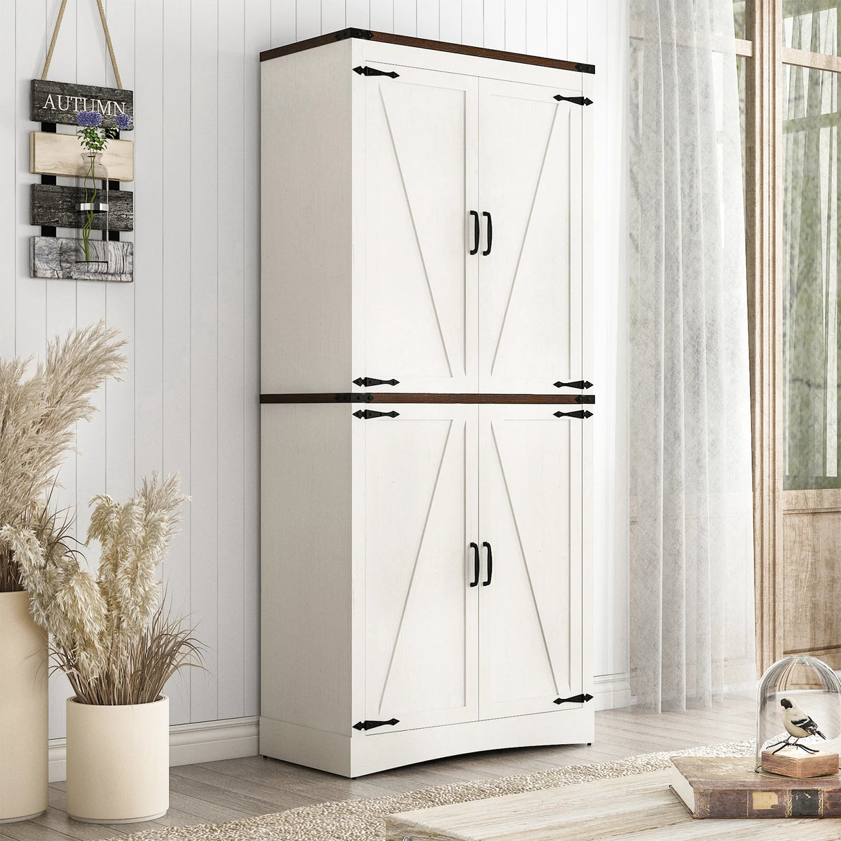 71-Inch Farmhouse Adjustable Shelves Storage Cabinet