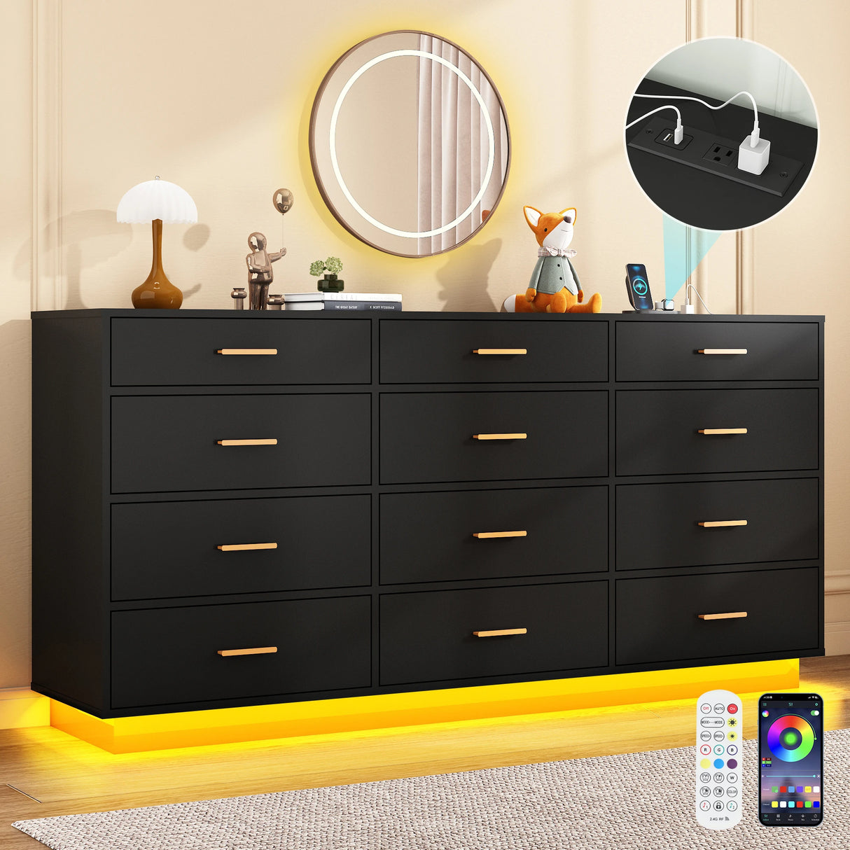 Modern 12 Drawer Dresser With Built-In Charging Station