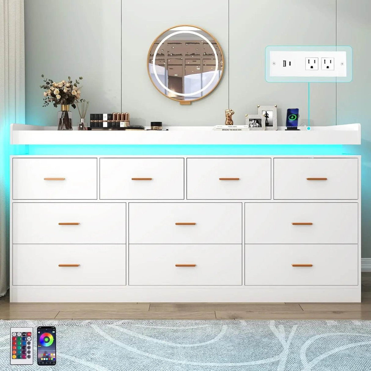 Modern 10-Drawer Dresser with LED Light - Omega Lifestyles