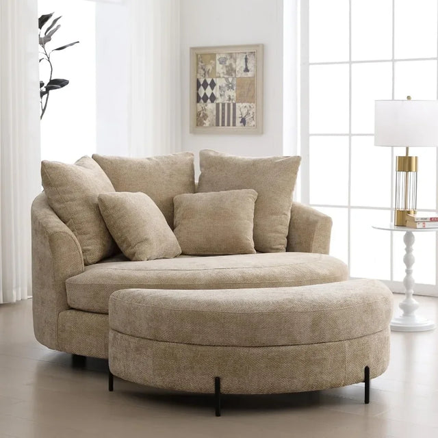 Oversized Round Barrel Chenille Fabric Accent Chair With Ottoman - Omega Lifestyles