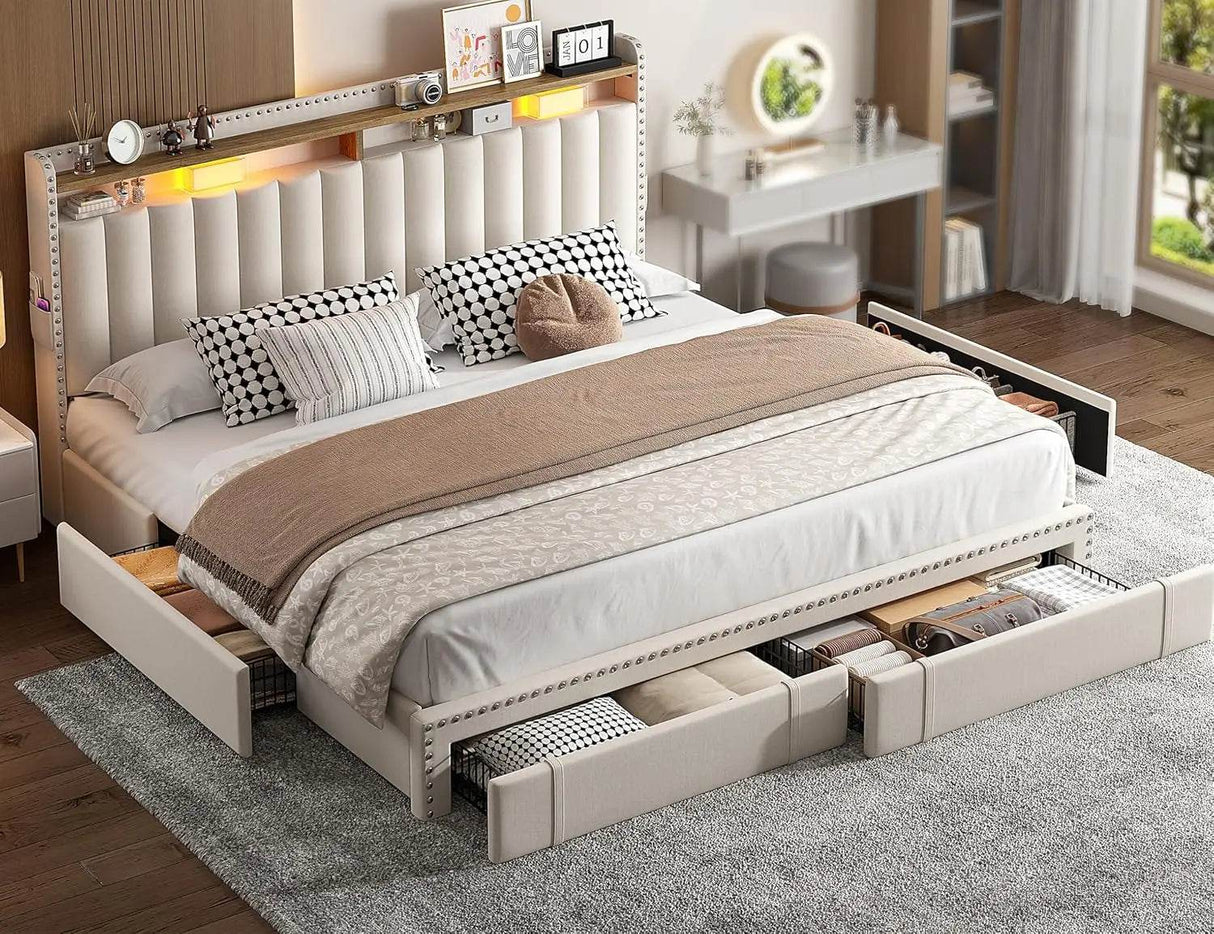 Upholstered Bed Frame with Storage Drawers - Omega Lifestyles