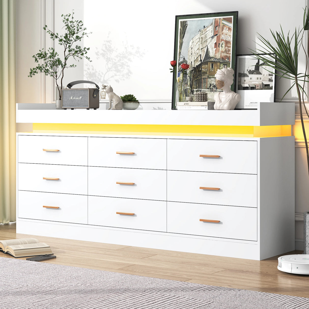 Modern 9-Drawer Wooden Dresser With LED Light